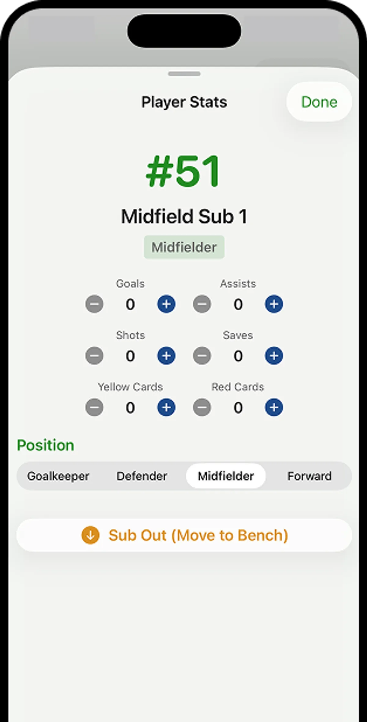 View a player's stats and position before substituting them on or off