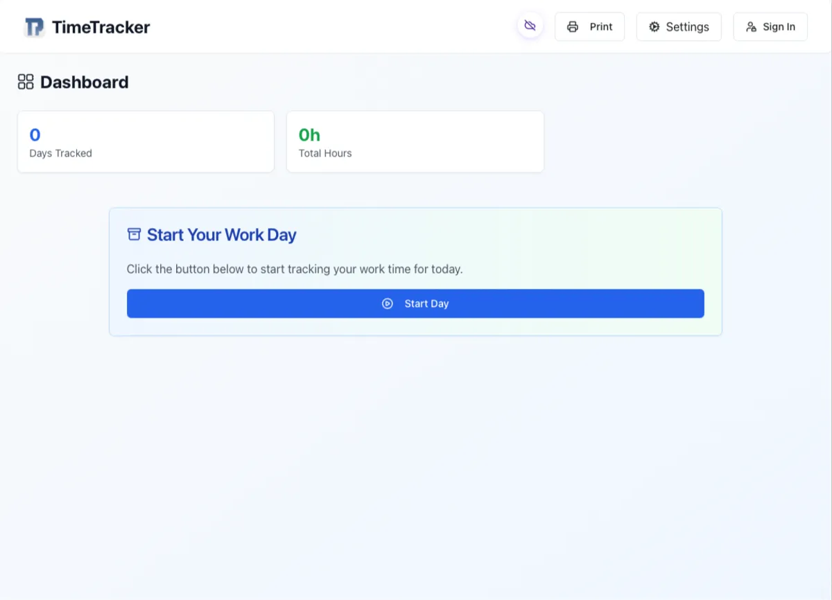 Start screen for Timetraked